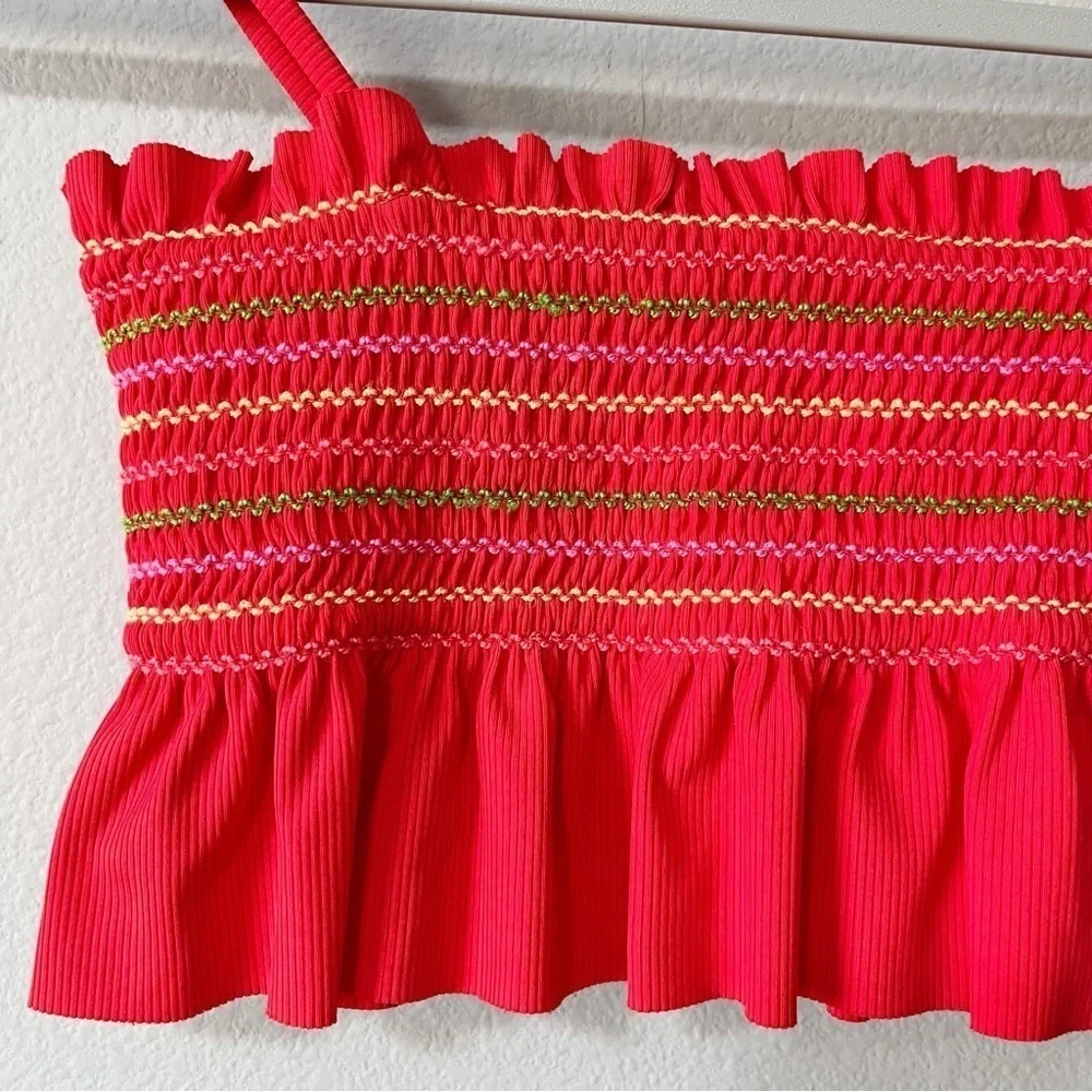 Maaij Camelia Fiesta Red Ruffled Smocked Crop Bikini Top Size 12 Swim Beach